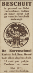 717159 Advertentie voor beschuit van Mij. De Korenschoof, bakkerij, Kaatstraat te Utrecht.